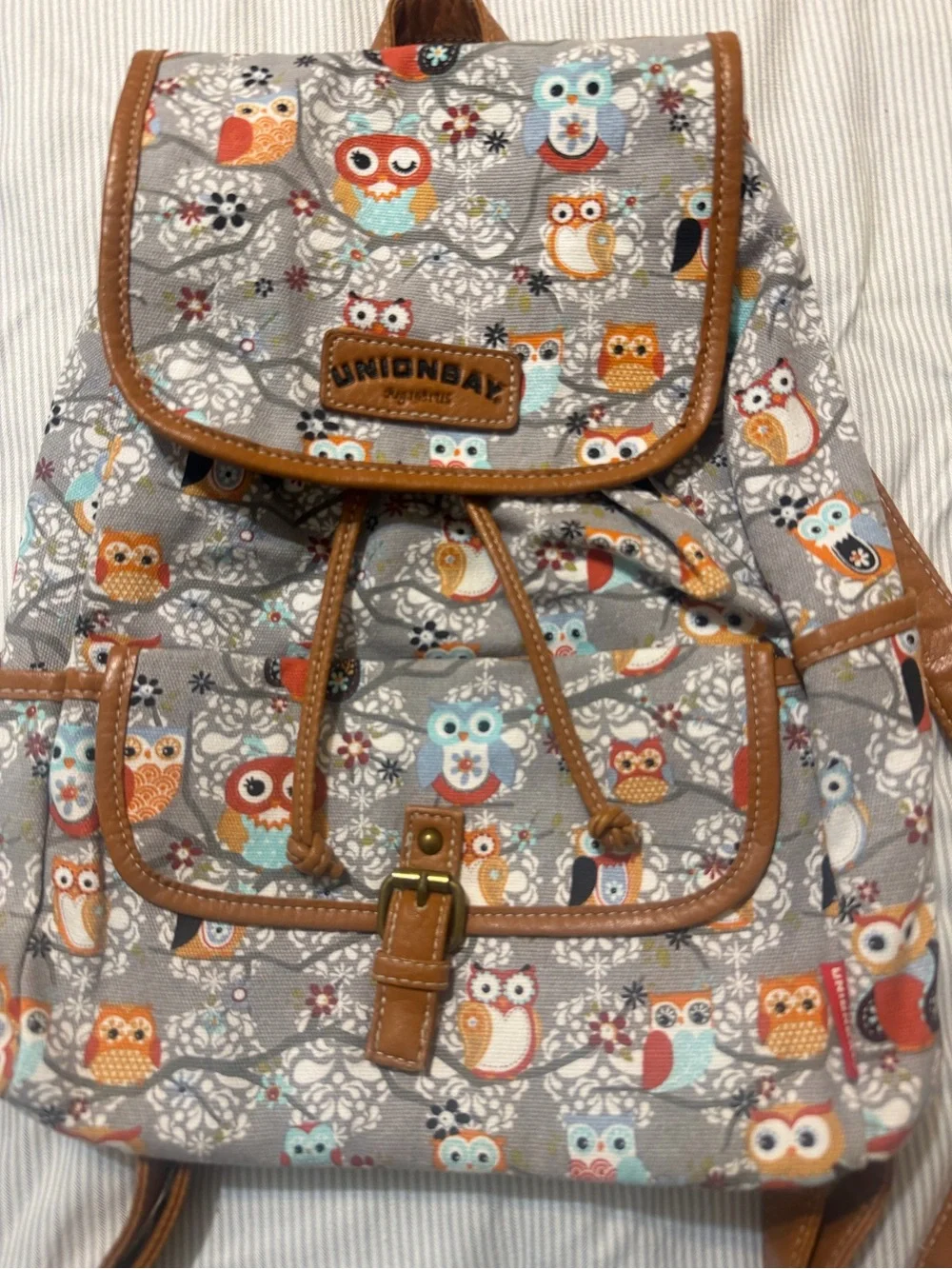 Unionbay Gray Owl Print Backpack with Brown Vegan Leather Trim
